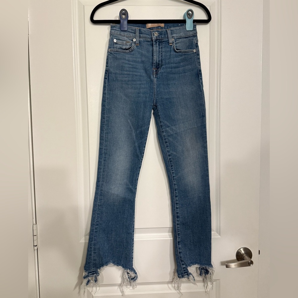 7 For All Mankind High Waist Slim Kick Jeans with Shredded Frayed Hem Size 25 - Picture 2 of 9